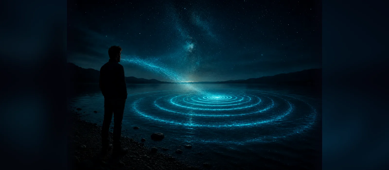 Eine Silhouette am nächtlichen See — auf dem Wasser breiten sich leuchtende konzentrische Ringe unter einem Sternenhimmel aus