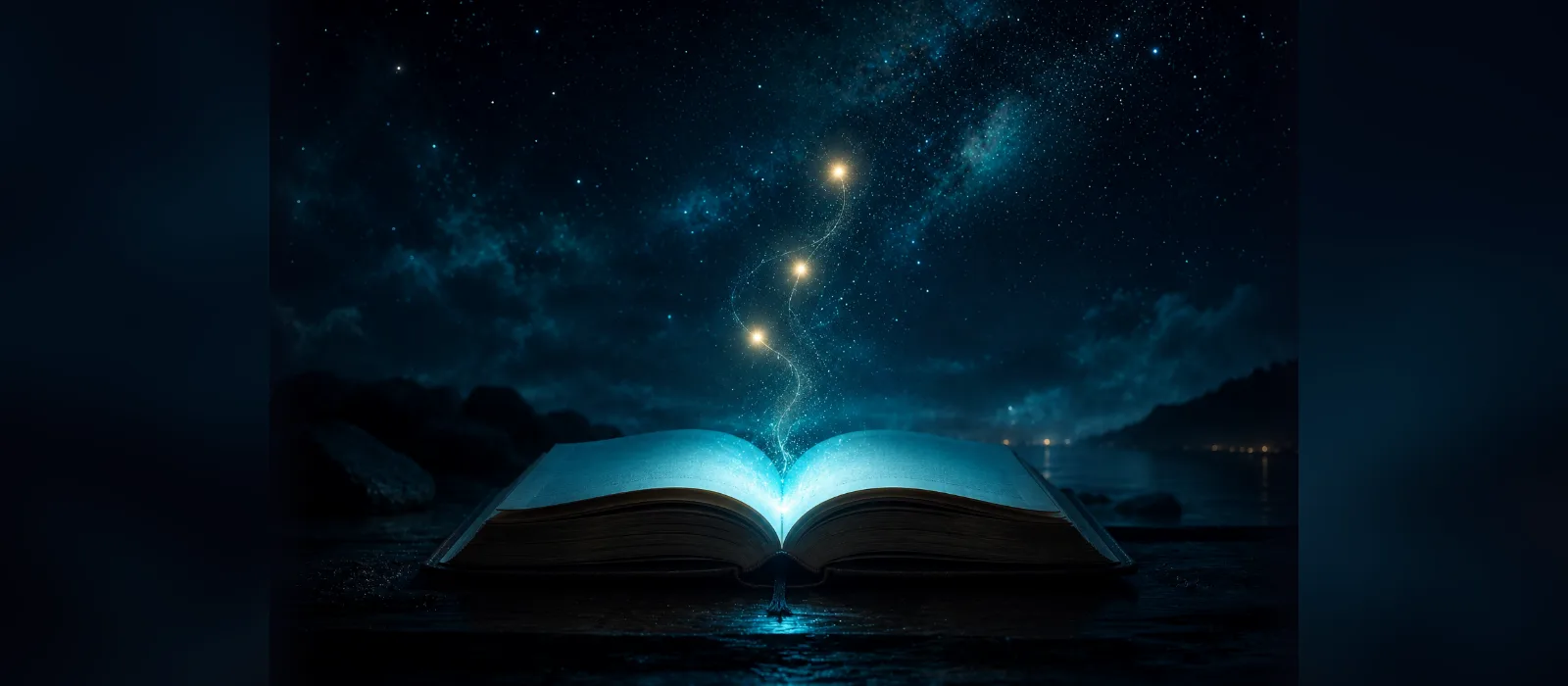 Ein aufgeschlagenes Buch bei Nacht, aus dem drei warme Lichtpunkte in den Sternenhimmel aufsteigen