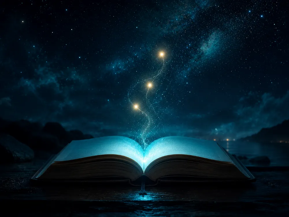 Ein aufgeschlagenes Buch bei Nacht, aus dem drei warme Lichtpunkte in den Sternenhimmel aufsteigen