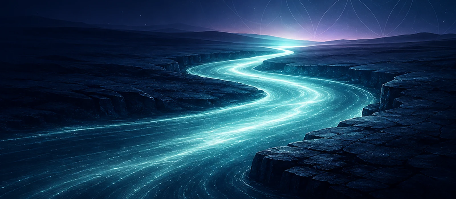 A luminous river carves a new riverbed beneath the Flower of Life