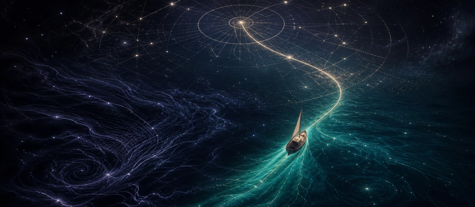 Eine leuchtende Sternenkarte lenkt ein kleines Schiff und formt seinen Kurs auf einem dunklen kosmischen Meer