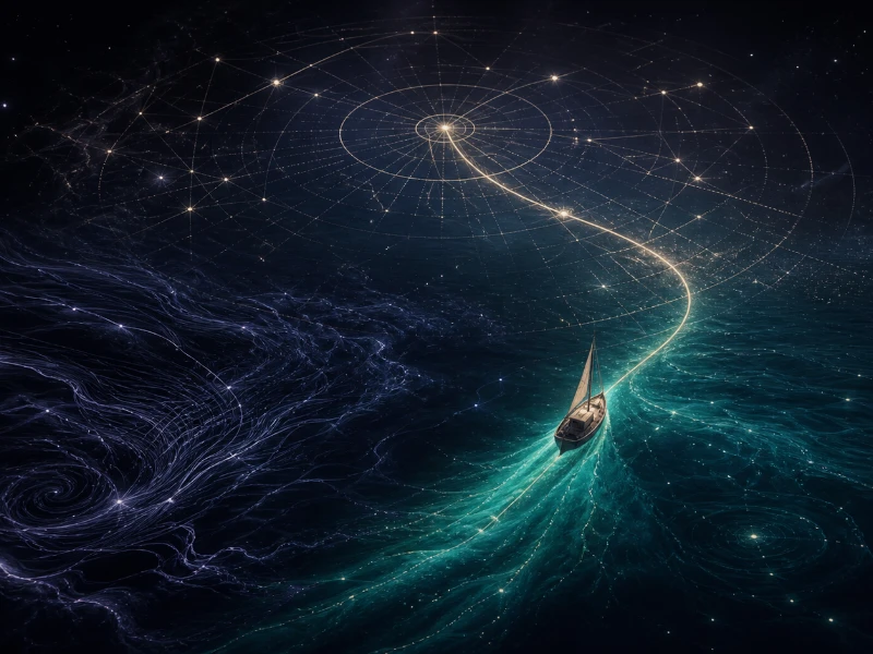 Eine leuchtende Sternenkarte lenkt ein kleines Schiff und formt seinen Kurs auf einem dunklen kosmischen Meer